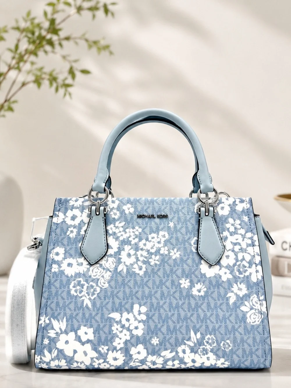 Michael Kors Marilyn Medium Printed Signature Logo Satchel Bag - Pale Ocean